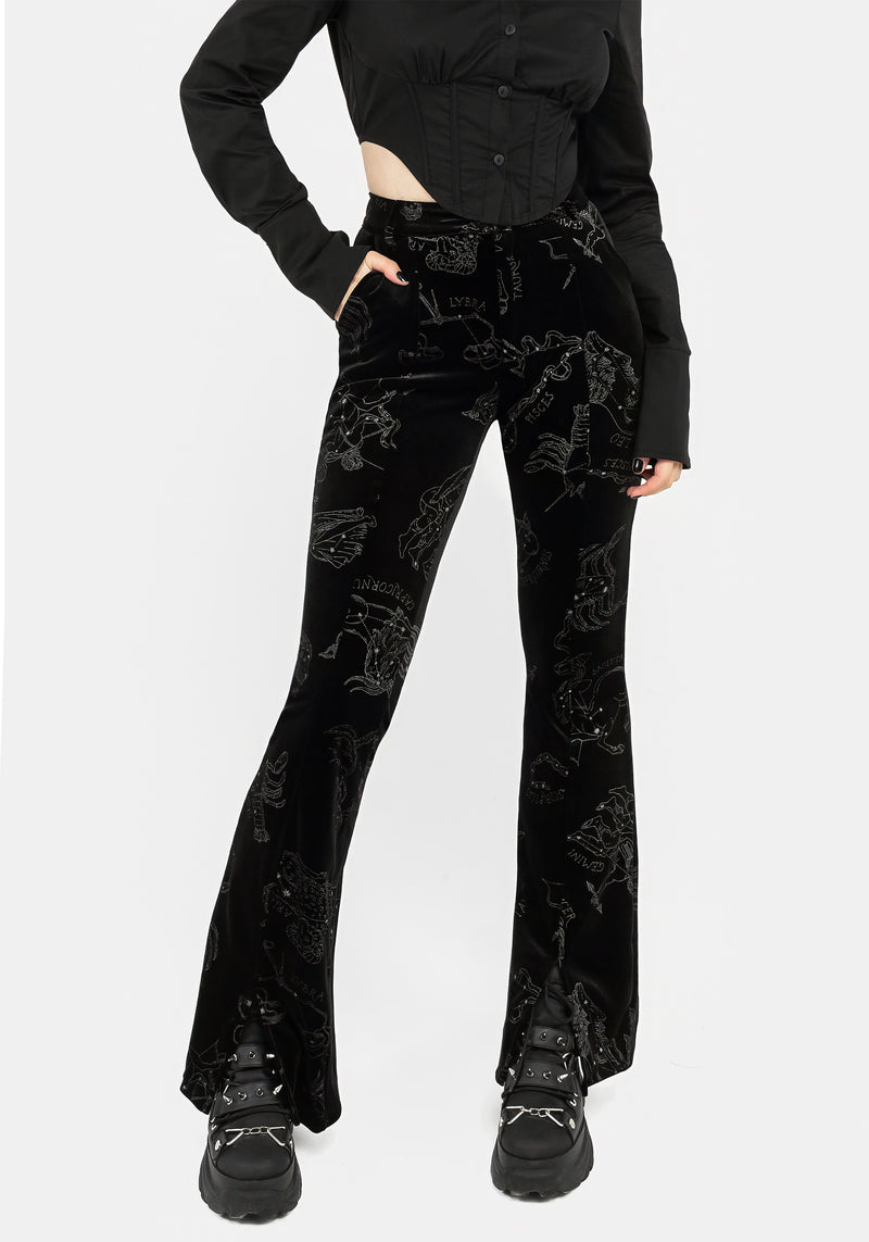 Gleaming High-Waisted Flare Trousers in Gold Foil Print - Sale from Yumi UK
