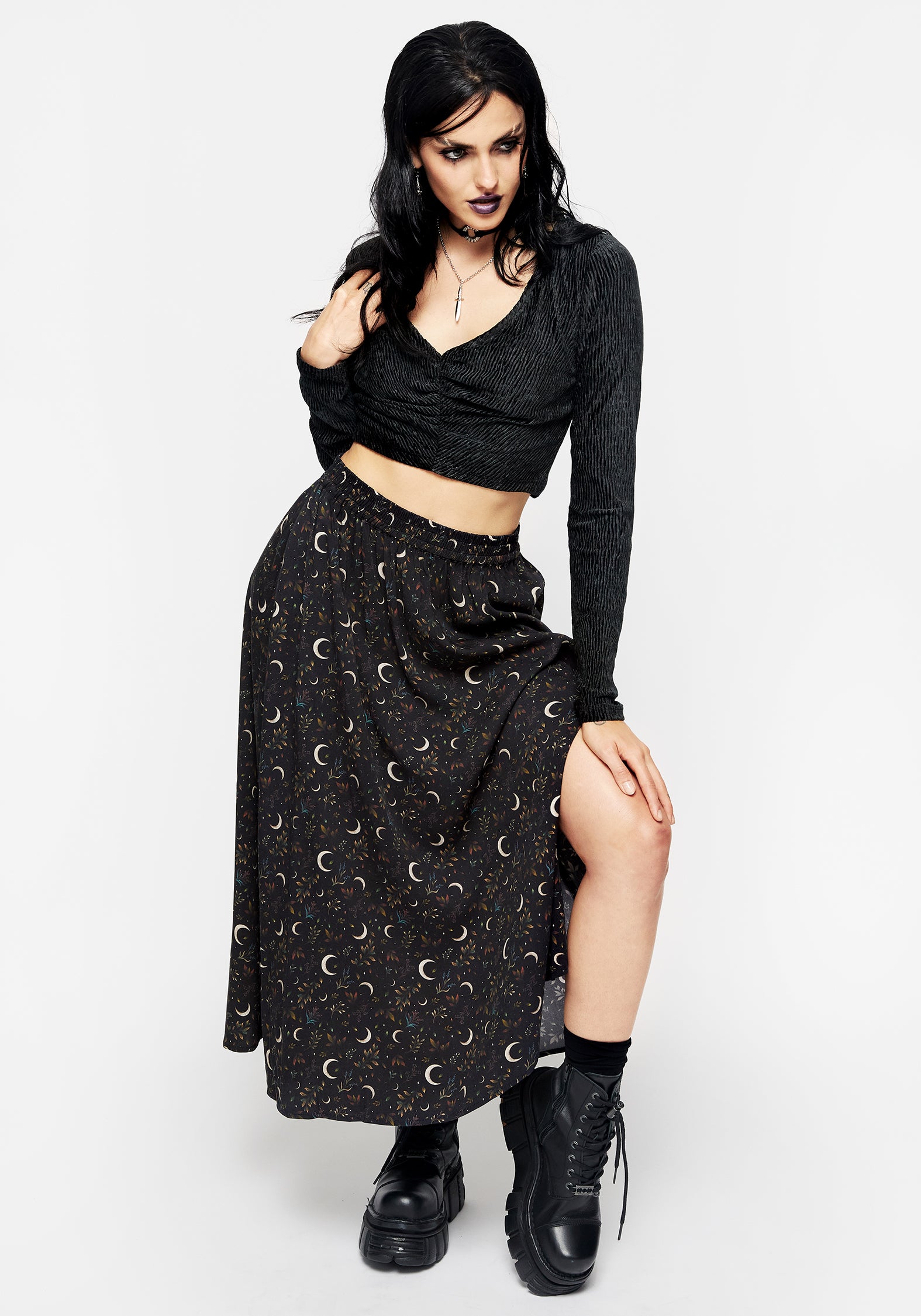 Sickle Moon Side Split Midi Skirt – Disturbia