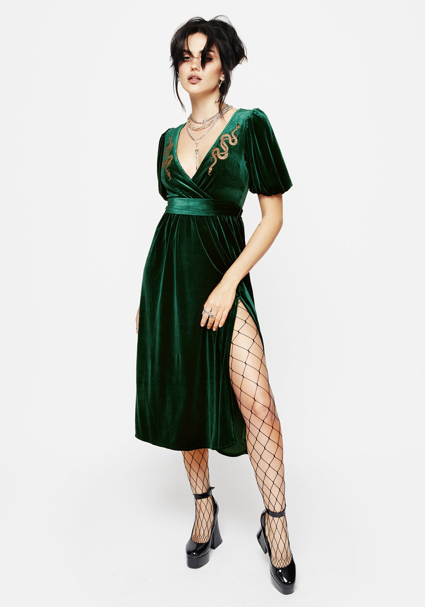 Tatyana Maud shops Green Velvet FitnFlare Gothic Cuffed Dress w Detachable Tie Pockets