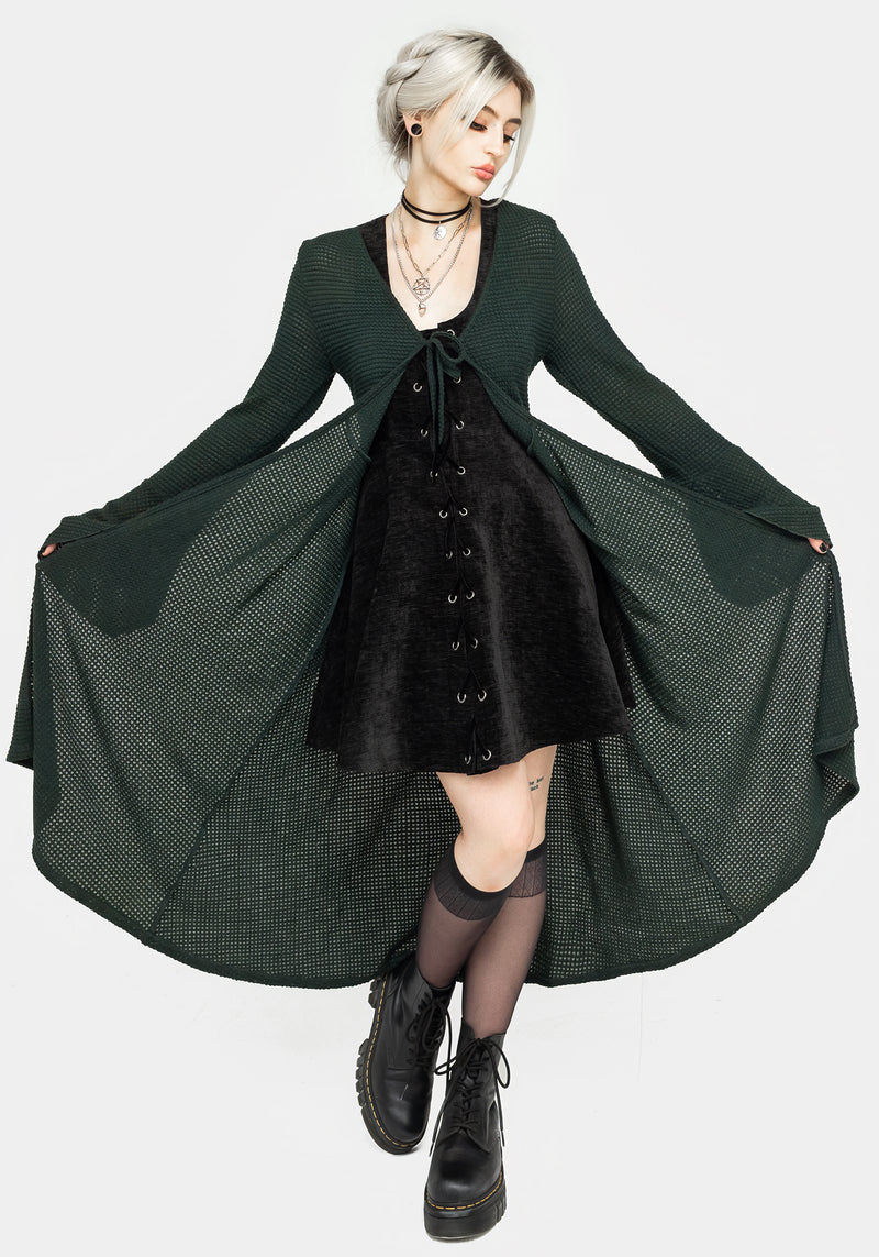 Xana Textured Tie Front Long Cardigan - Green – Disturbia