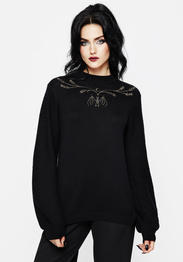 Spectral Bat Embroidered Balloon Sleeve Sweater