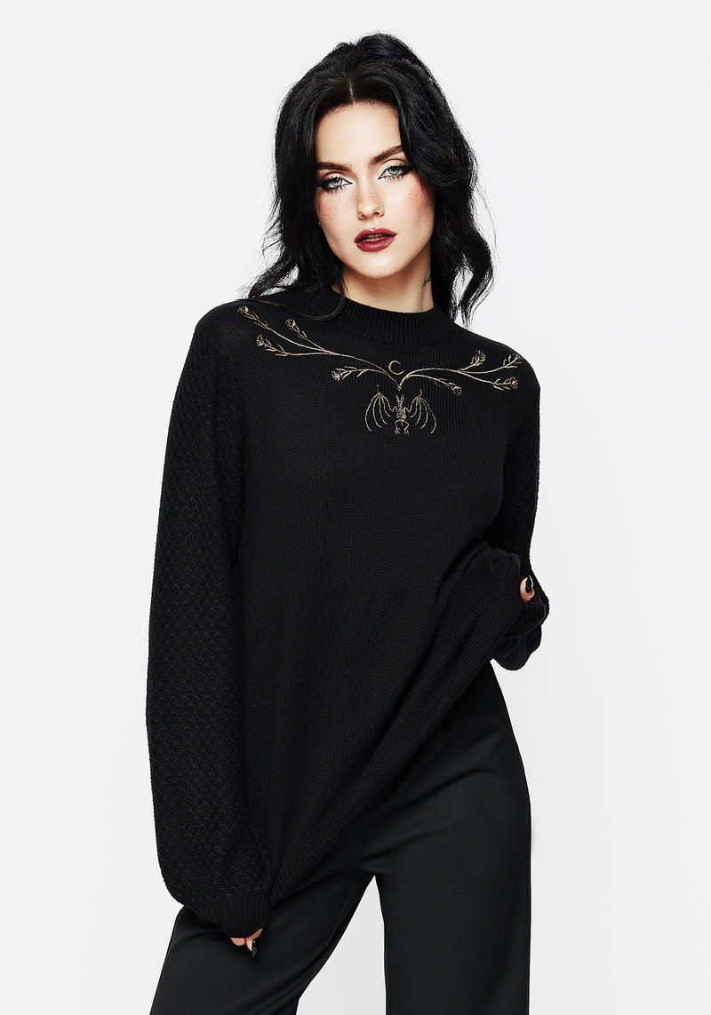 Spectral Bat Embroidered Balloon Sleeve Sweater