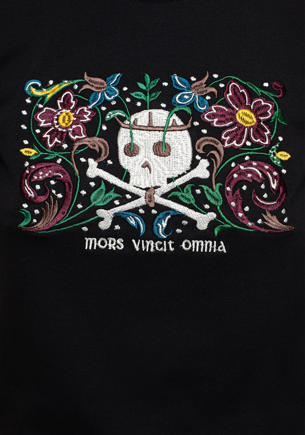 Death Conquers All Floral Skull Embroidered Graphic Crop Tee