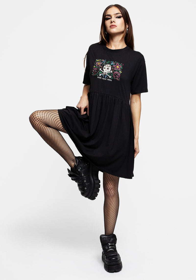 Death Conquers All Floral Skull Embroidered Mini Skater Dress