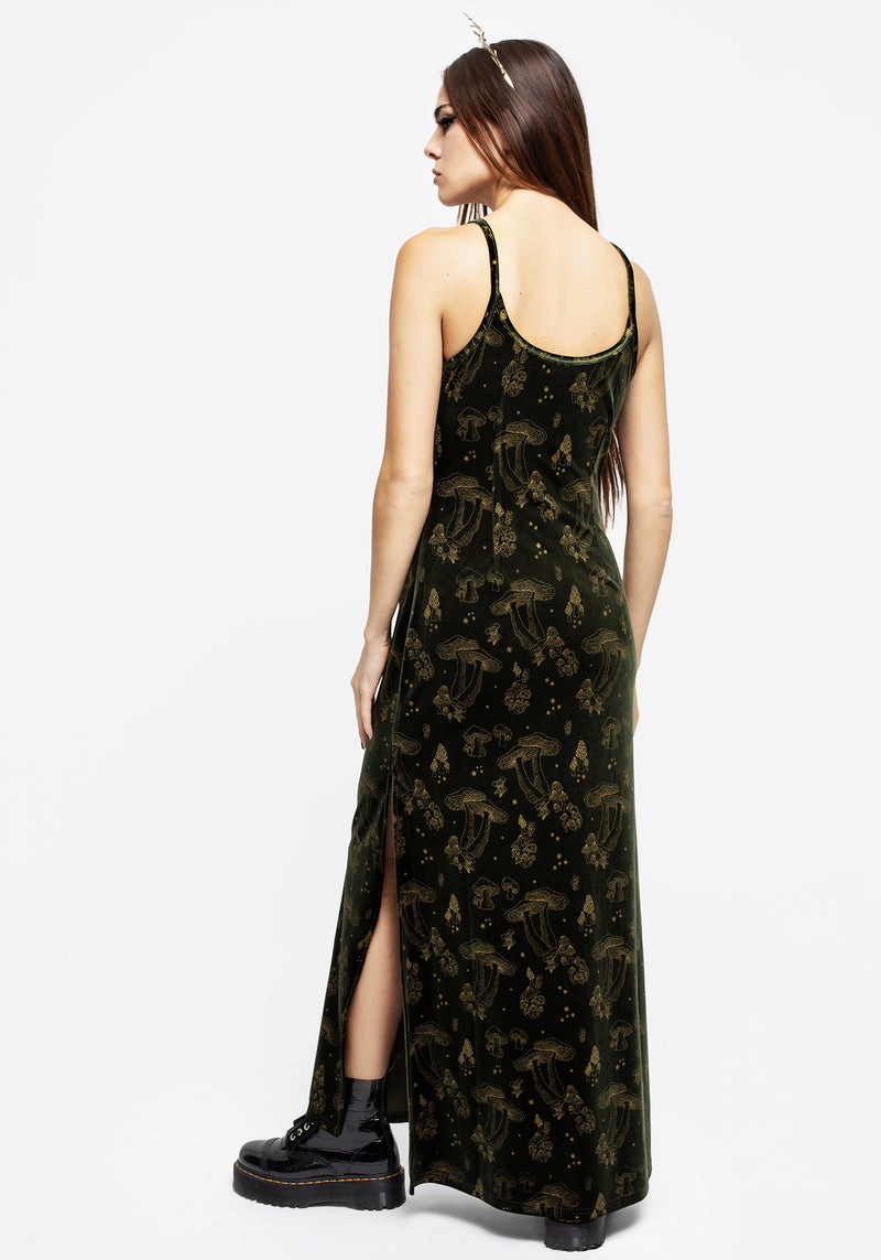 Faefire Foil Print Velour Maxi Slip Gown - Green