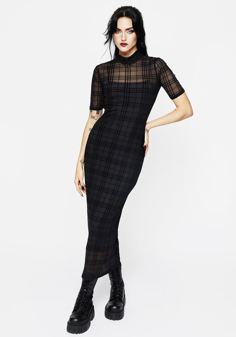 Buffy Flocked Velour Check Mesh Bodycon Midaxi Dress