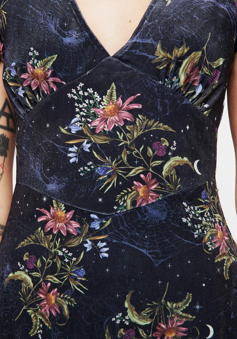 Cleome Floral Spiderweb Velour Corset Midi Dress