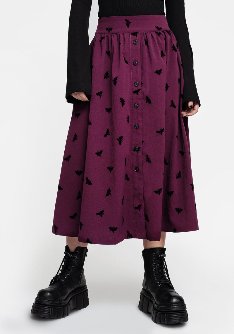 Styx Moth Flocked Velour Print Midi Skirt