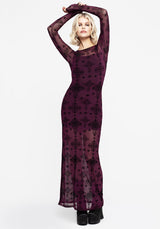 Priestess Flocked Mesh Maxi Dress - Purple