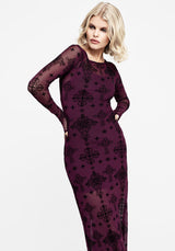 Priestess Flocked Mesh Maxi Dress - Purple