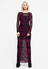 Priestess Flocked Mesh Maxi Dress - Purple