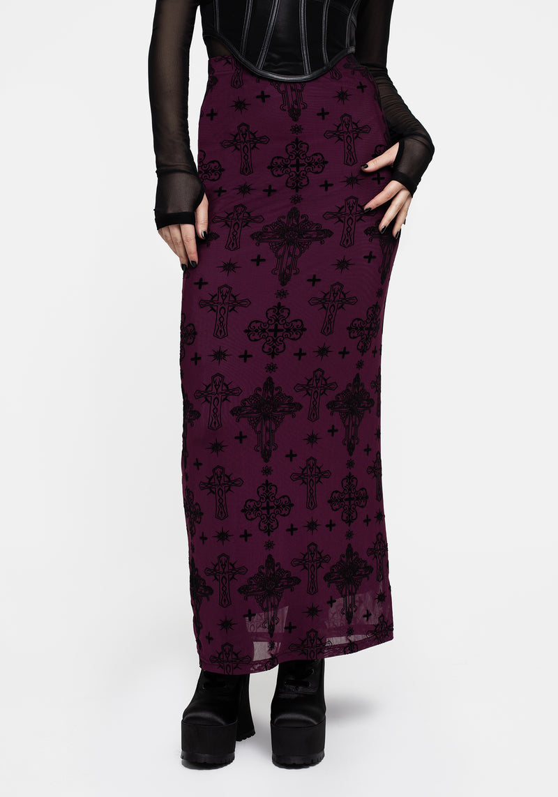 Priestess Flocked Mesh Maxi Skirt - Purple