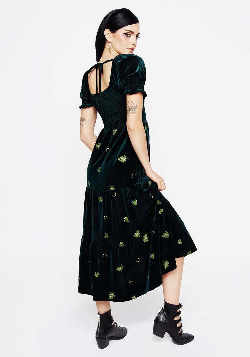 Swamplife Frog Embroidered Velour Tiered Midi Dress