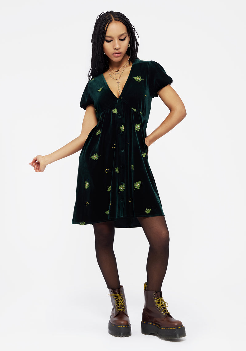 Swamplife Frog Embroidered Velour Button Up Mini Dress