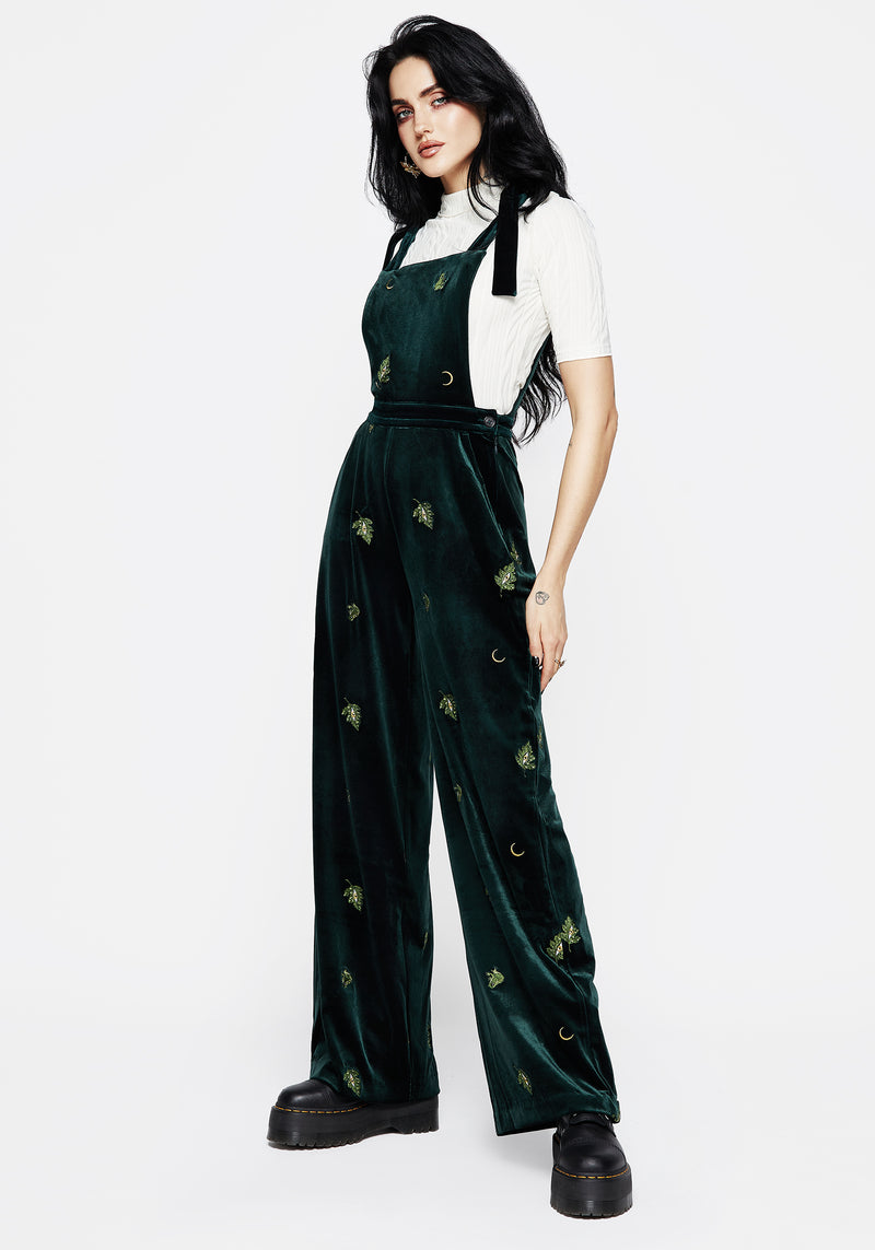 Swamplife Frog Embroidered Velour Wide Leg Dungarees