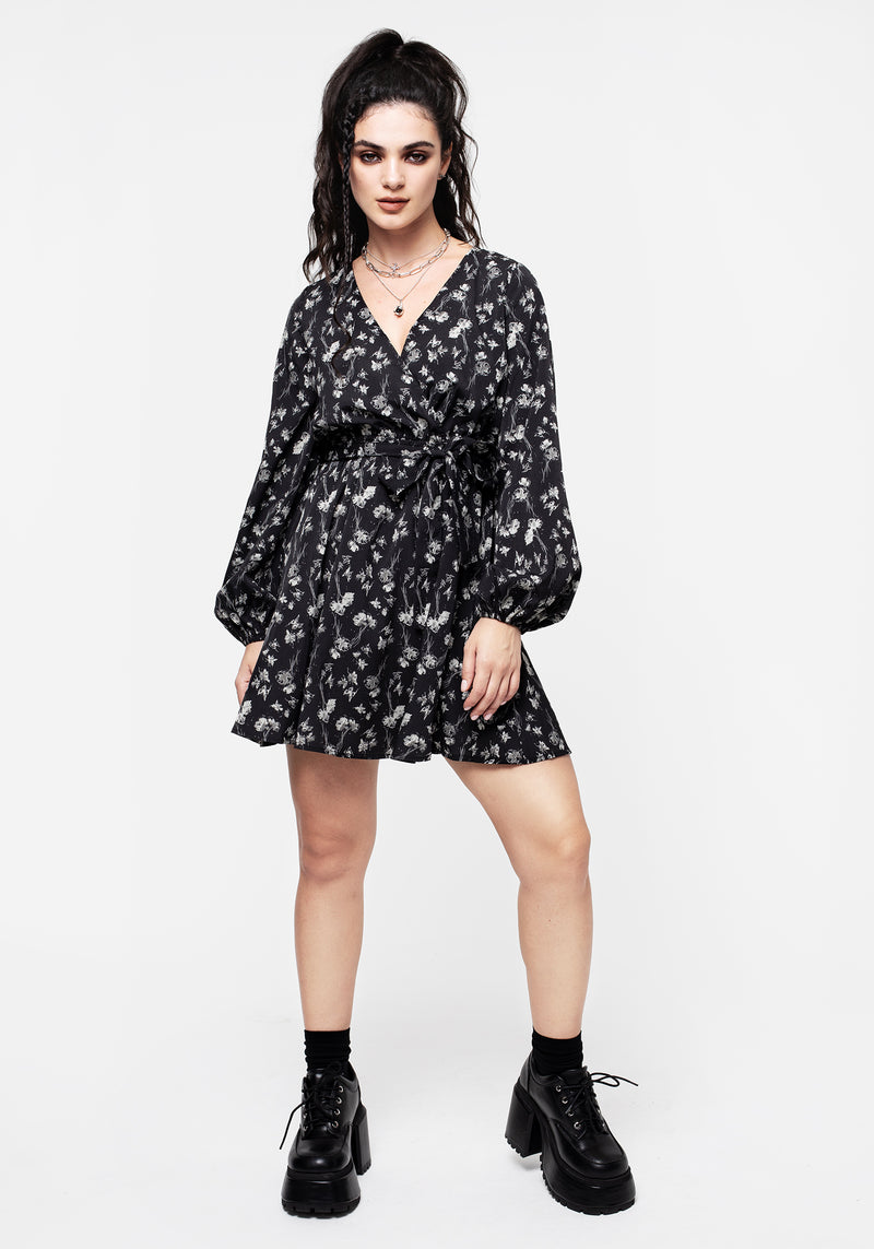 Claricia Long Sleeved Floral Faux Wrap Mini Dress