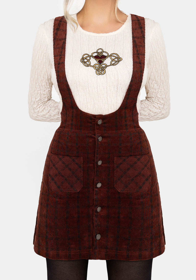 Terracotta Check Cord Mini Pinafore Skirt