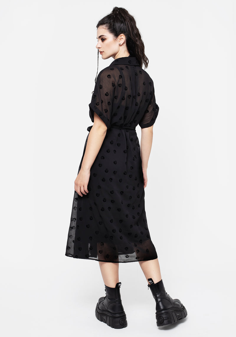 Bones Flocked Pintuck Chiffon Midi Shirt Dress