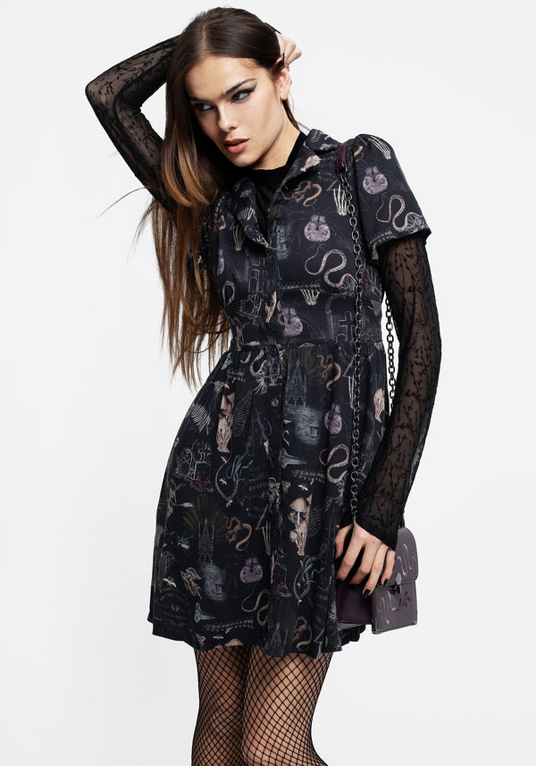 Maudeline Victoriana Print Eco-Viscose Mini Shirt Dress