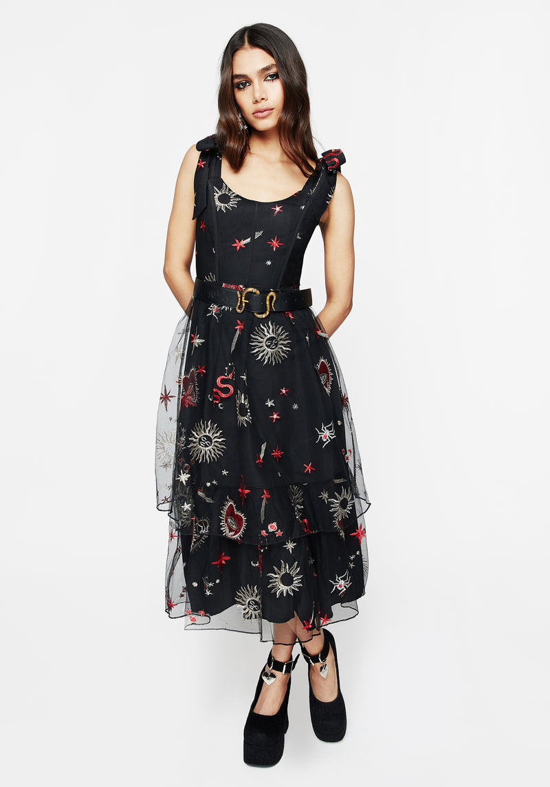 Bloodlust Embroidered Corset Midi Dress