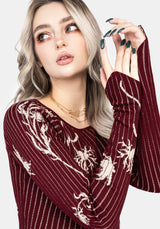 Diastella Floral Jacquard Rib Knit Raglan Sleeve Top - Red