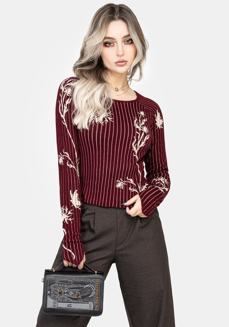 Diastella Floral Jacquard Rib Knit Raglan Sleeve Top - Red