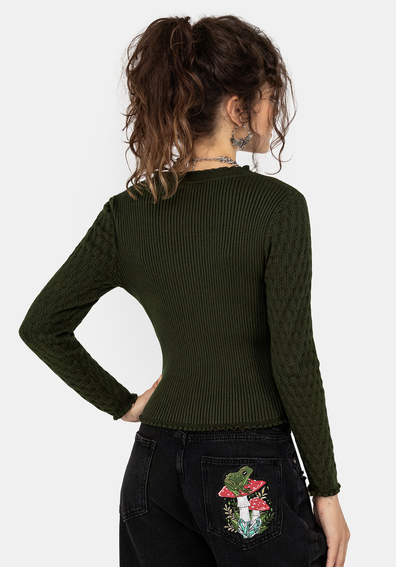 Swamplife Embroidered Pointelle Knit Crop Cardigan