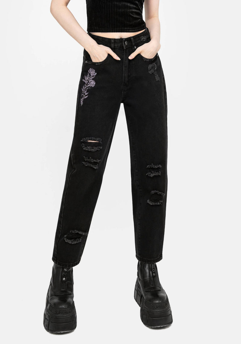 Deadhead Rose Embroidered Distressed Denim Barrel Leg Jeans