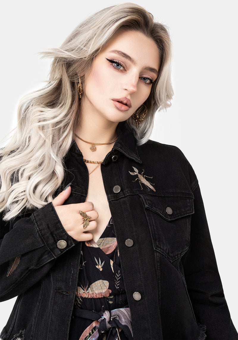 Griffinfly Embroidered Distressed Denim Jacket