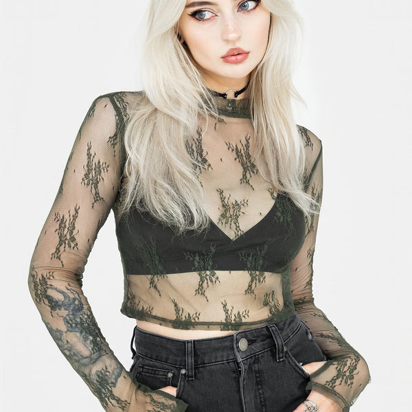 Favorite Mantra Forest Green Lace-Up Long Sleeve Crop Top