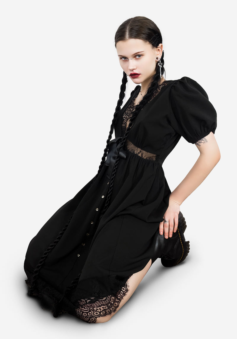 Mortuary Lace Button Up Midi Dress