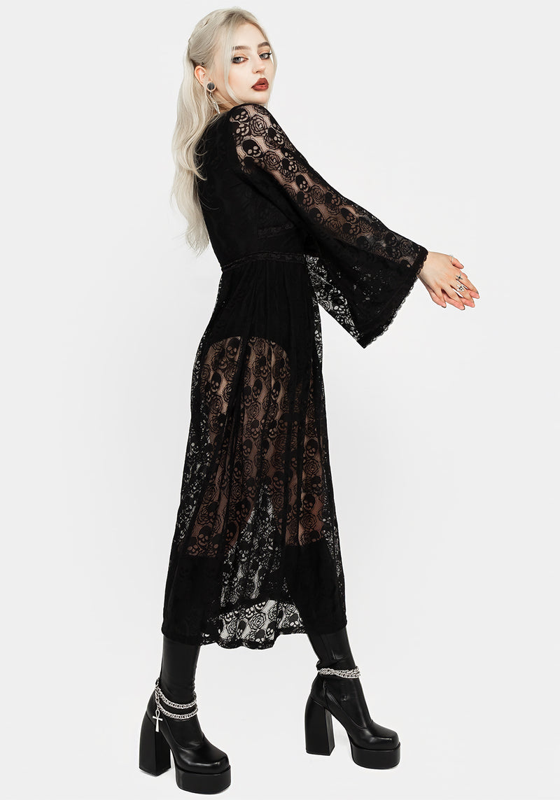 Black Lace Long Sleeve Bodysuit Maxi Dress