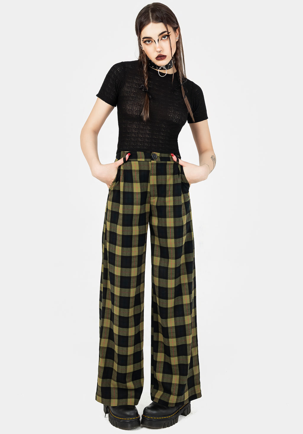 Womens Clueless Style Lined High Waisted Tartan Check Trousers -  Mustard/Navy | eBay