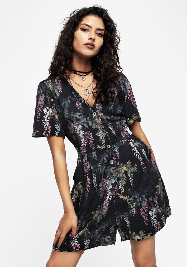 Wisteria Floral Print Button Up Playsuit