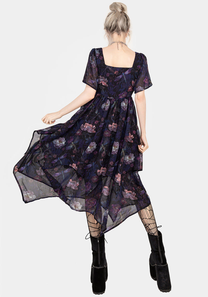 Dragonfly Floral Print Chiffon Handkerchief Hem Dress