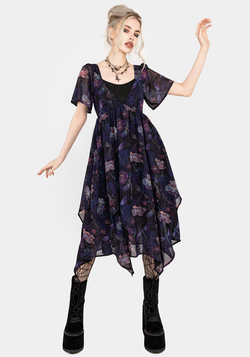 Dragonfly Floral Print Chiffon Handkerchief Hem Dress