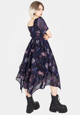 Dragonfly Floral Print Chiffon Handkerchief Hem Dress