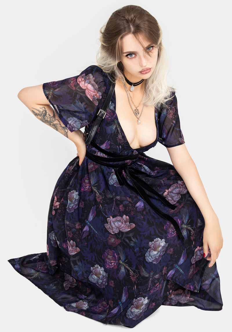 Dragonfly Floral Print Chiffon Handkerchief Hem Dress