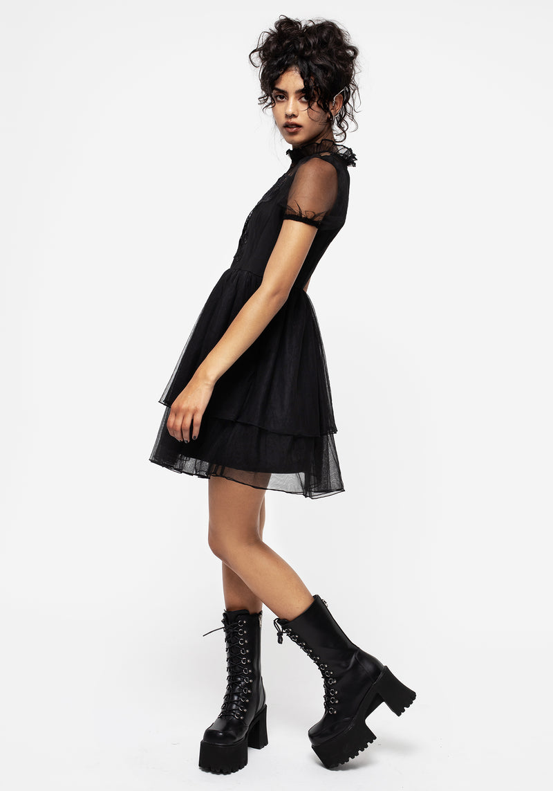 Hysteria Butterfly Applique Frill Neck Tulle Mini Dress