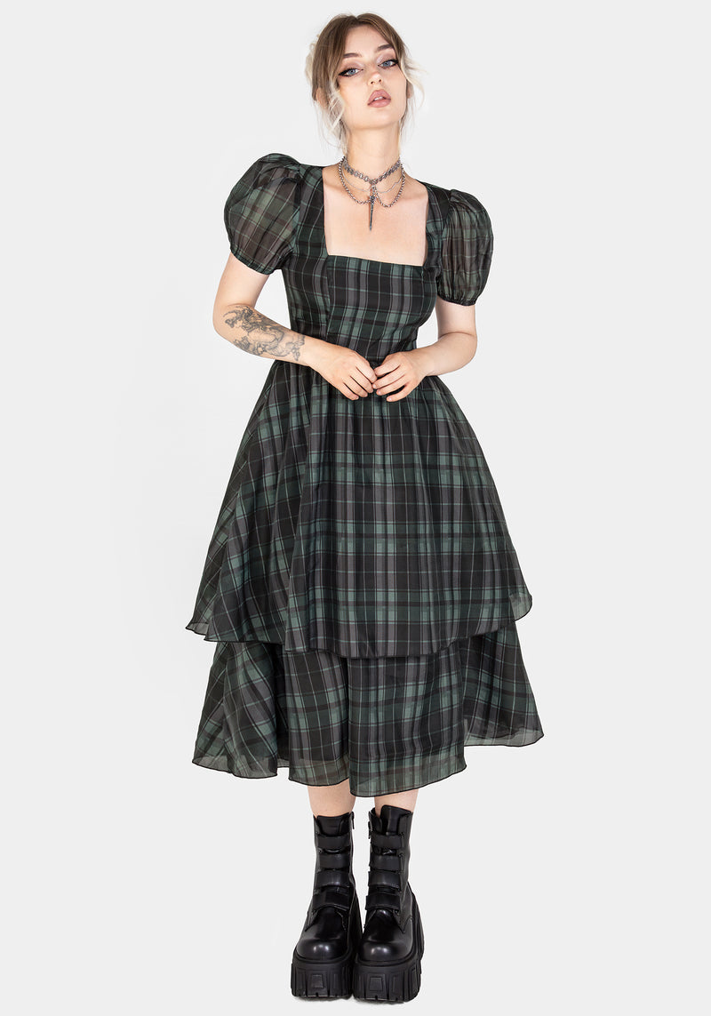 Checkmate Puff Sleeve Layered Organza Midi Dress