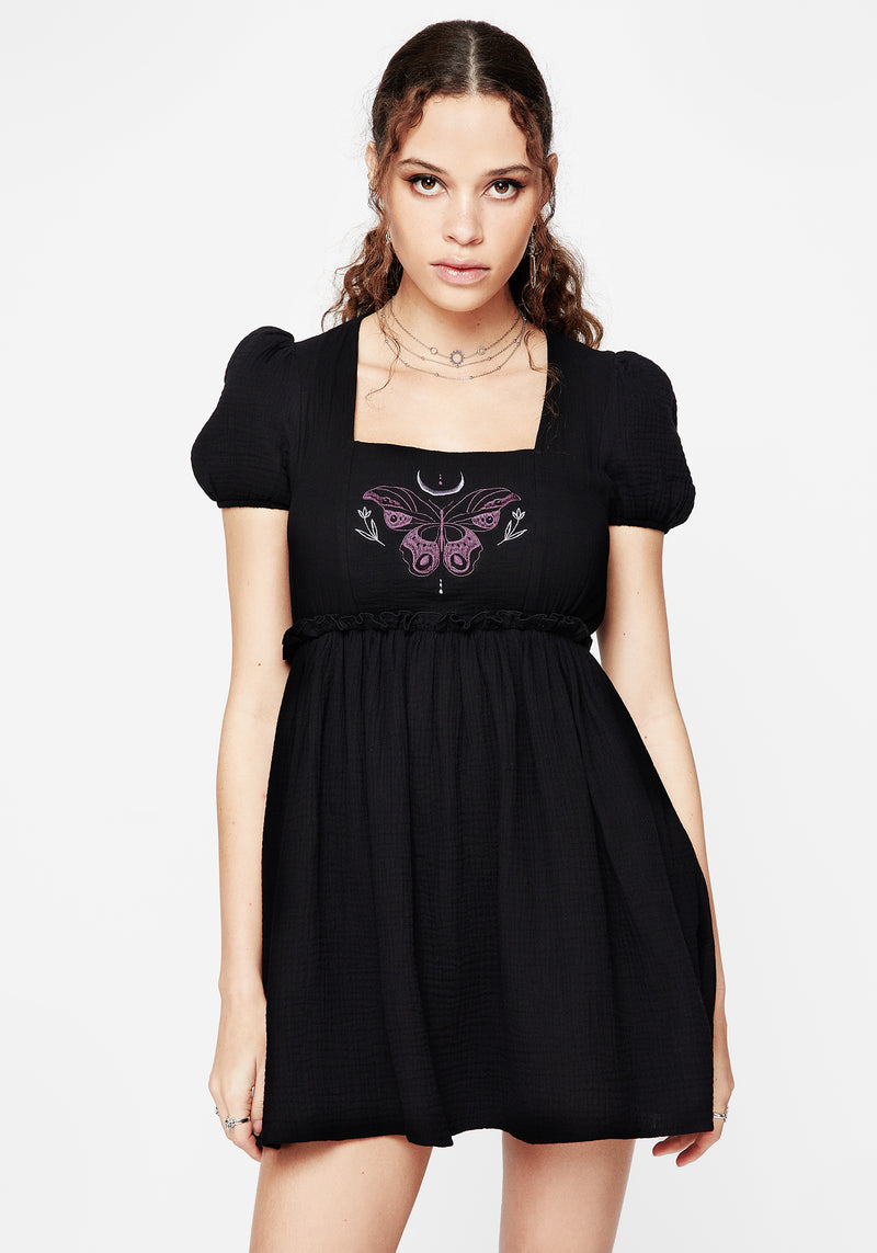 Cocoon Butterfly Embroidered Puff Sleeve Mini Dress