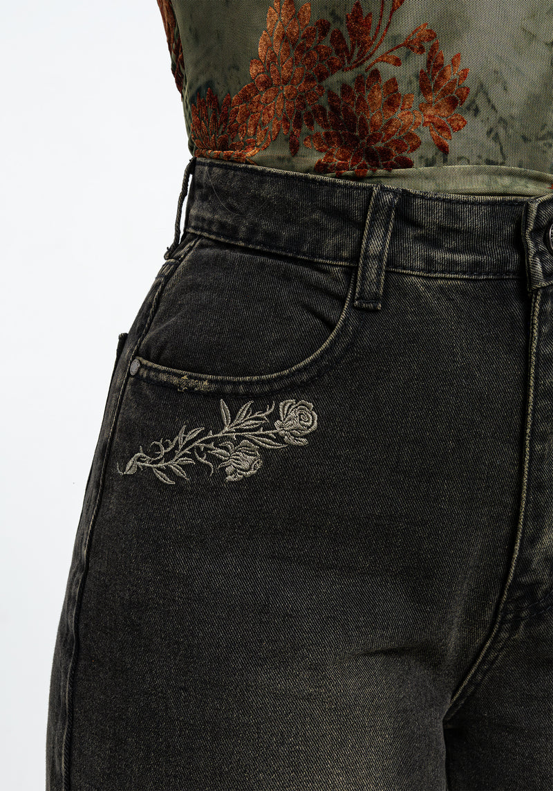 Veltha Floral Embroidered Denim Mom Jeans