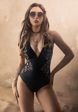 Copia Floral Embroidered Halter Swimsuit