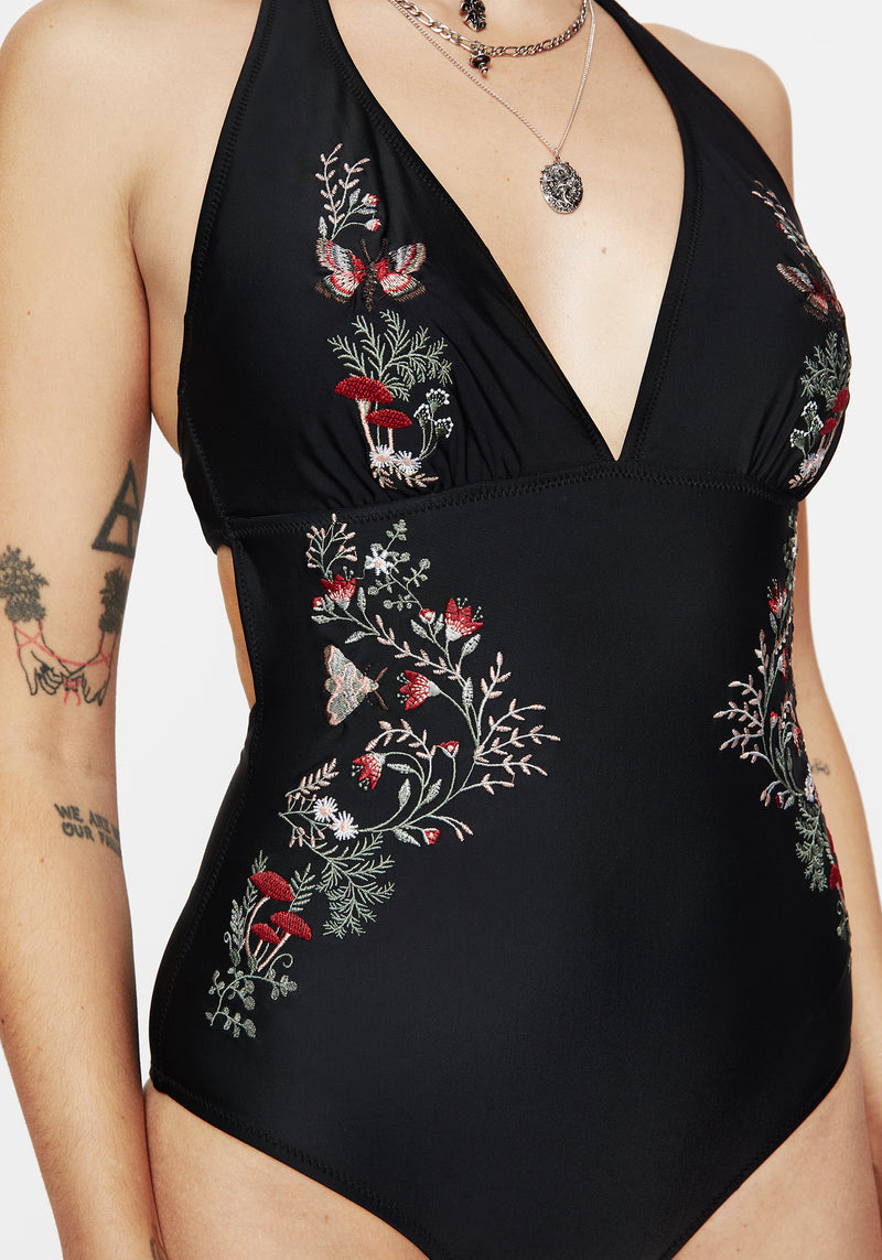 Copia Floral Embroidered Halter Swimsuit