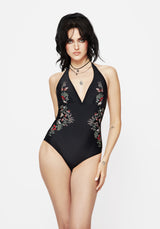 Copia Floral Embroidered Halter Swimsuit