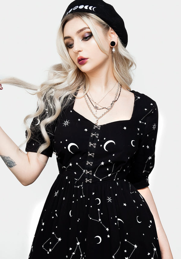 Silver Celestial Print Sweetheart Midi Dress