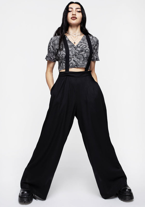 Realm Wide Leg Suspender Trouser - Midnight Black