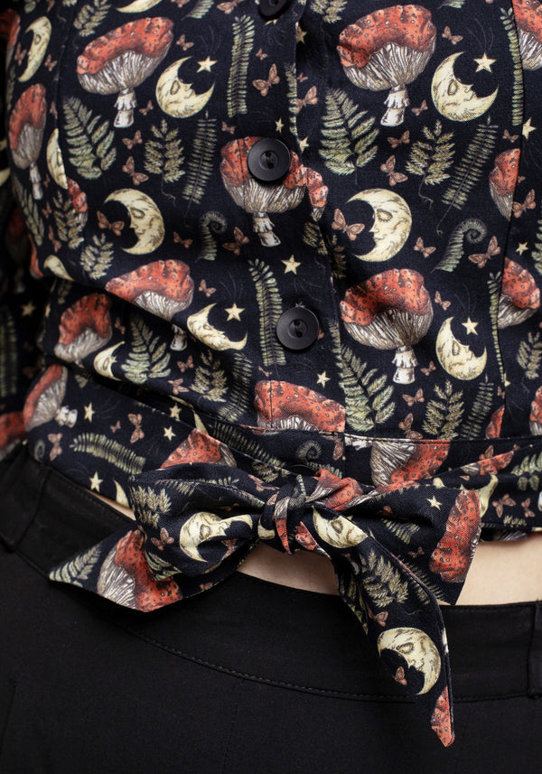 Dreamfast Mushroom Moon Print Button Up Tie Crop Top