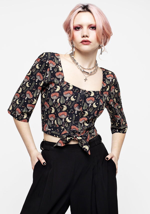 Dreamfast Mushroom Moon Print Button Up Tie Crop Top