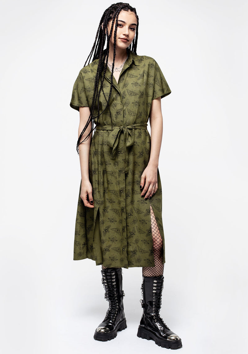 Mortmoth Print Midi Shirt Dress - Green